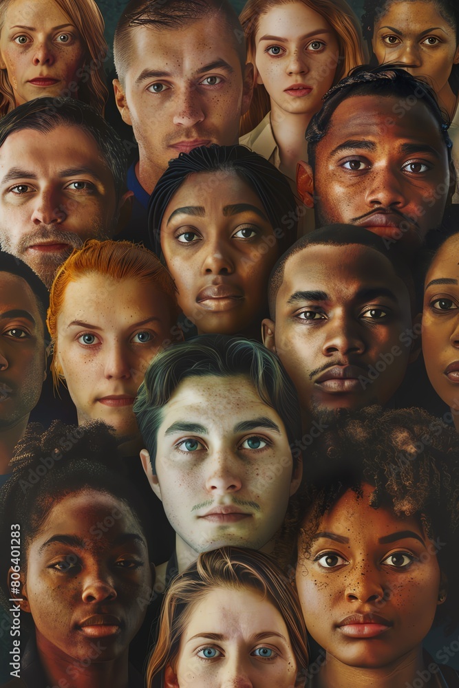 A diverse group of people of different ethnicities and ages are shown in a photorealistic painting