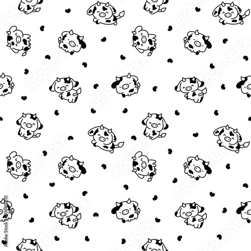 Cute kawaii baby cow. Seamless pattern. Coloring Page. Cartoon farm animal character in different poses. Hand drawn style. Vector drawing. Design ornaments.