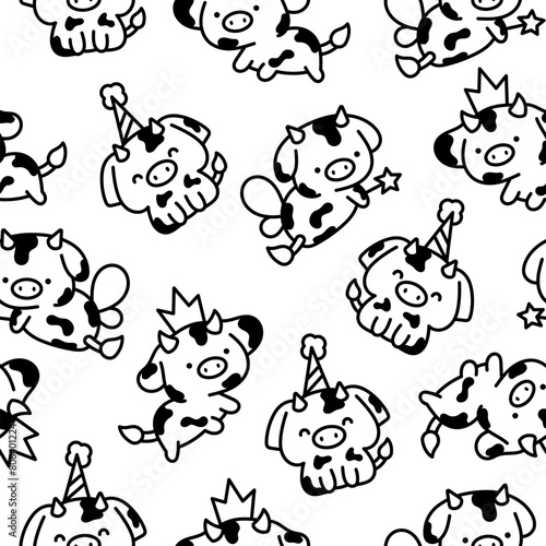 Cute kawaii baby cow. Seamless pattern. Coloring Page. Cartoon farm animal character in different poses. Hand drawn style. Vector drawing. Design ornaments.