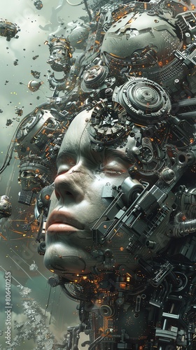 Biomechanical Integration Surreal depictions of humans merging with biomechanical enhancements to expand cognitive capacities and access new realms of knowledge