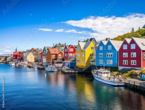 Colorful houses by the sea in a tranquil Nordic village on a sunny day