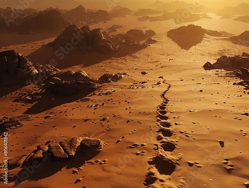 The footprints of a lone traveler stretch across the vast and unforgiving desert landscape photo