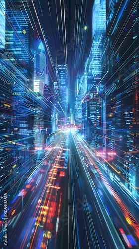 Create a digital painting of a futuristic city street scene with skyscrapers  neon lights  and a glowing blue sky