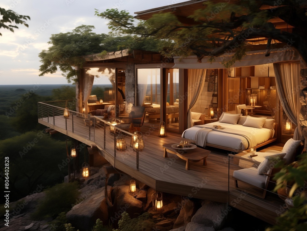Dusk at a Luxurious Treehouse Retreat in the Forest