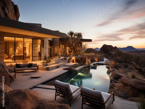 Dusk settles on a modern desert home s poolside haven