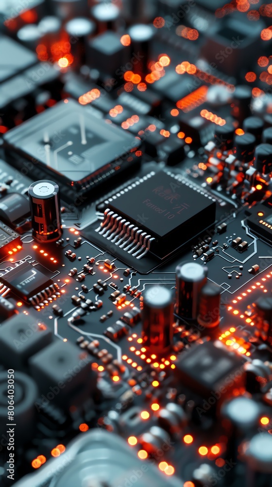 Enhance the details of this circuit board, make the colors more vibrant, and add some depth of field. Enhance the details of this circuit board, make the colors more vibrant, and add some depth of field.