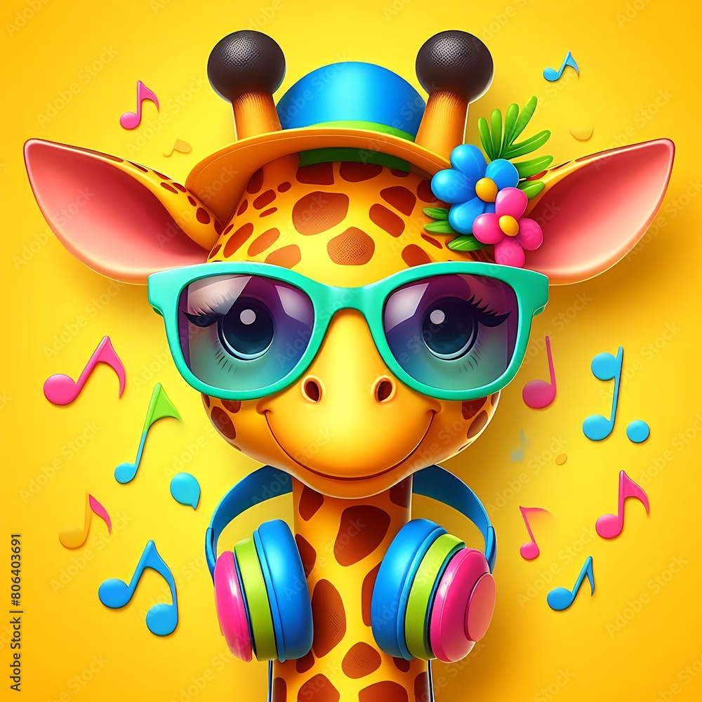 Cartoon giraffe wearing headphones and sunglasses, set against a vibrant yellow background