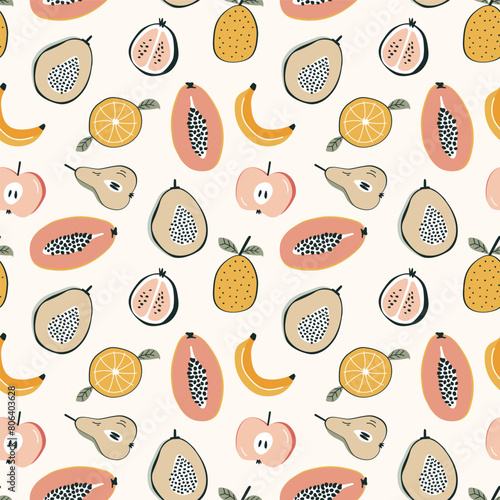 cute seamless pattern with exotic fruits, illustration in doodle style