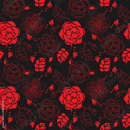seamless botanical pattern of painted oriental motifs 