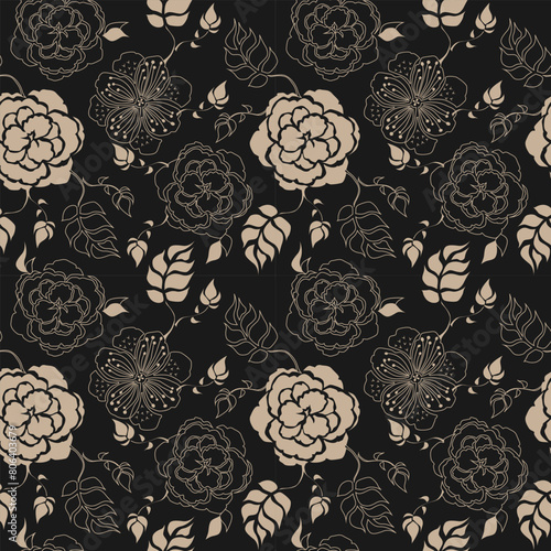 seamless botanical pattern of painted oriental motifs 
