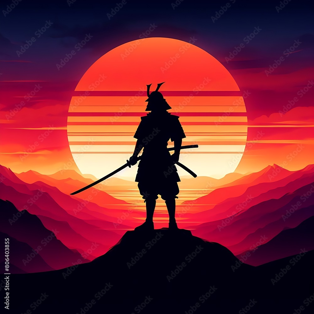 Silhouette of a samurai against a stylized sunset with mountains and clouds in the background Silhouette of a samurai against a stylized sunset with mountains and clouds in the background