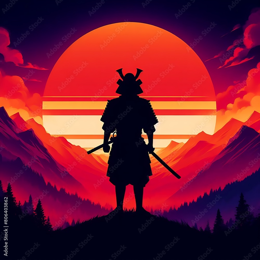 Silhouette of a samurai against a stylized sunset with mountains and clouds in the background Silhouette of a samurai against a stylized sunset with mountains and clouds in the background