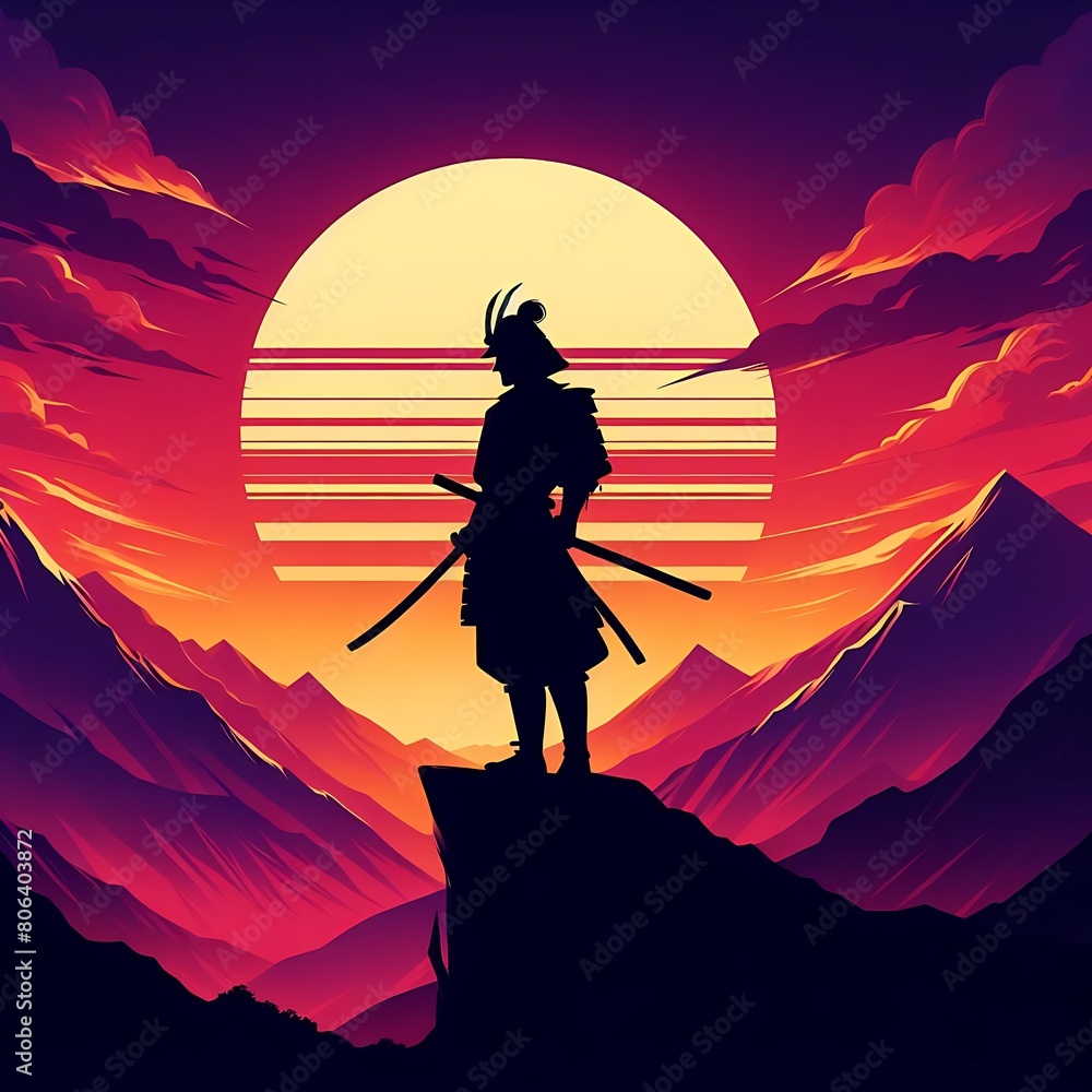 Silhouette of a samurai against a stylized sunset with mountains and clouds in the background Silhouette of a samurai against a stylized sunset with mountains and clouds in the background