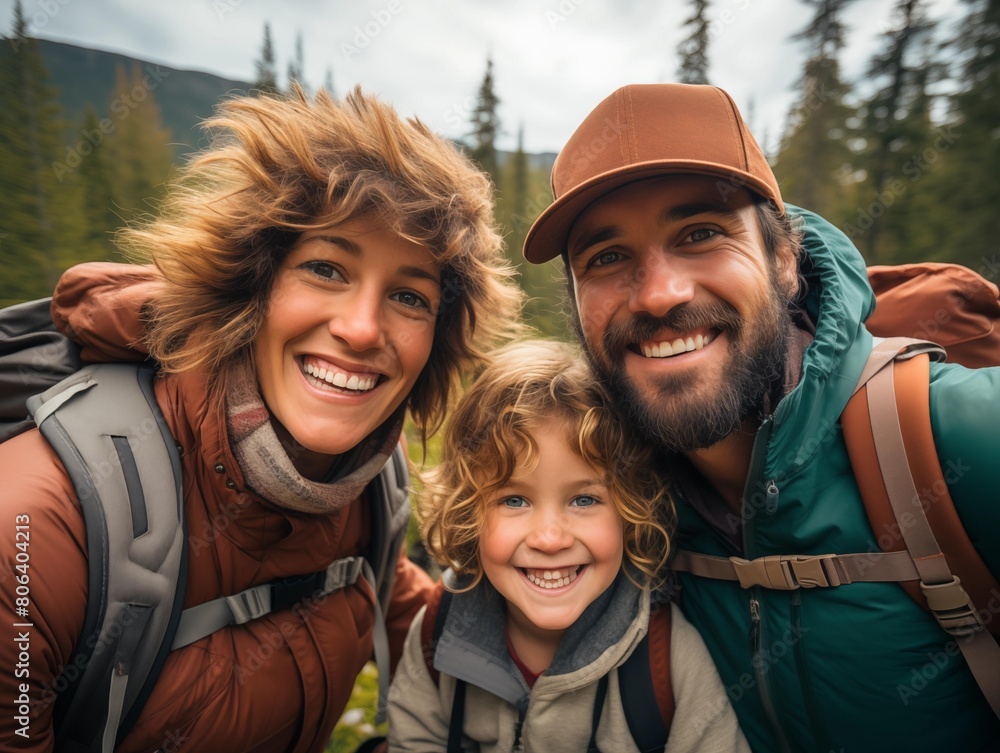 Family Hiking Together in Forested Mountains During Autumn Family Hiking Together in Forested Mountains During Autumn