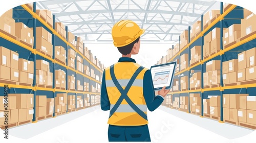 Warehouse worker wearing hard hat and safety vest doing inventory check in distribution center