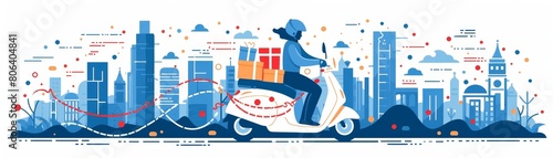 A delivery man riding a scooter through a city