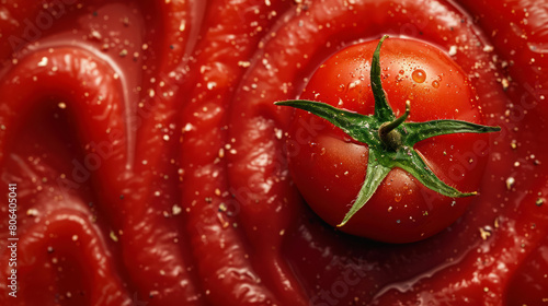 macro shot of a fresh tomato on a smooth tomato sauce background with spices