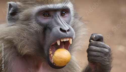 a-baboon-using-its-sharp-teeth-to-crack-open-a-nut- photo