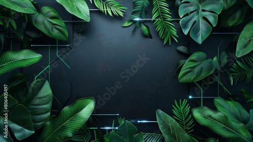 A black background with green leaves and a white frame