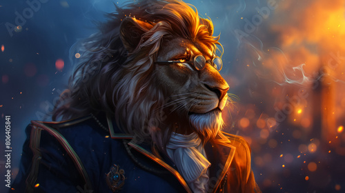 A lion wearing glasses and a blue coat
