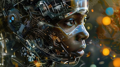 AI cyber security threat illustration, black african american IT specialist, artificial intelligence collage