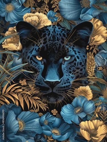 Majestic Panther Amidst Blue Flowers and Golden Flora: Abstract Chinapunk Art photo