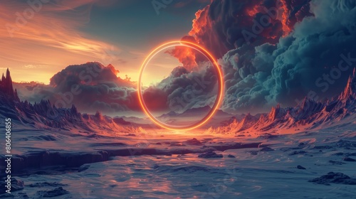 Abstract futuristic fantasy desert landscape, fiery circle, neon circle. Gloomy clouds, clouds, light circle. Sci-fi landscape of an alien planet. Unreal world. 3D illustration.