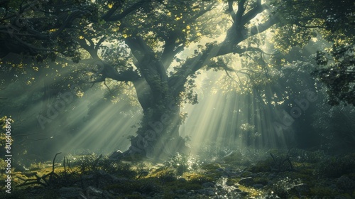 Dark dense forest the sun s rays pass through the trees  shadows. Big old tree in the center. Beautiful forest fantasy landscape. unreal world. Mysterious forest. 3D illustration.