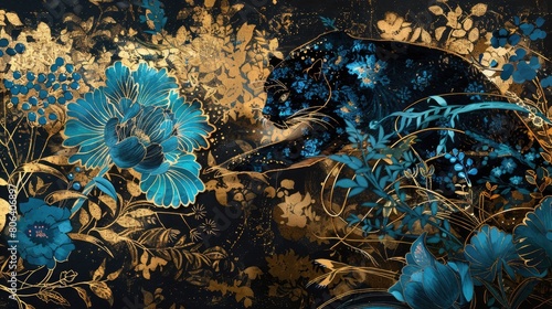 Majestic Panther Amidst Blue Flowers and Golden Flora: Abstract Chinapunk Art photo