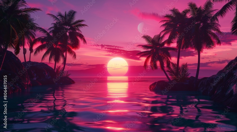 Futuristic neon landscape with palm trees at sunset. Futuristic neon landscape with palm trees at sunset.