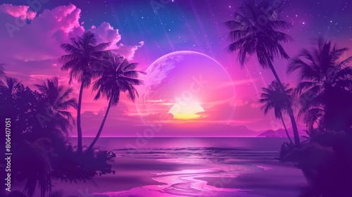 Futuristic neon landscape with palm trees at sunset.