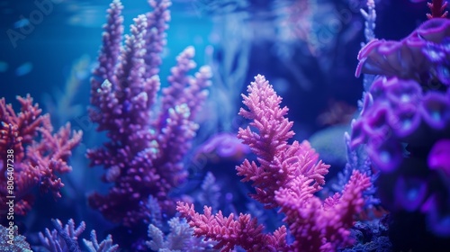 Underwater world  corals in the depths of the ocean. Sea flowers  underwater deep flora and fauna. Colorful neon corals.