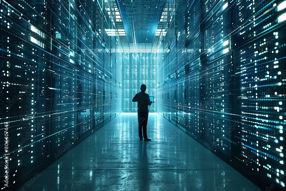 Information Technology person working in a large data center with laptop , Big Data Center , Activates Servers, Information Digitalization Starts. SAAS , Cloud Computing, Web Service Information Technology person working in a large data center with laptop , Big Data Center , Activates Servers, Information Digitalization Starts. SAAS , Cloud Computing, Web Service