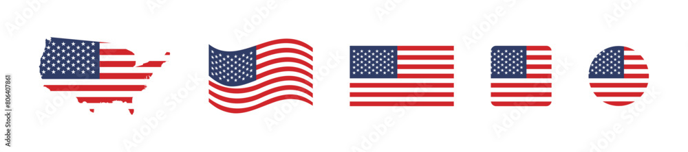 American national flag different shapes set. USA flags emblem. United States of America patriotic symbol set. American national flag different shapes set. USA flags emblem. United States of America patriotic symbol set.