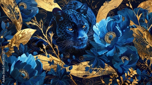 Majestic Panther Amidst Blue Flowers and Golden Flora: Abstract Chinapunk Art photo