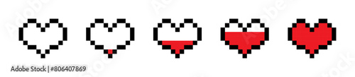Pixel heart vector set. Health bar videogame design element.