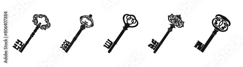 Vintage key vector silhouette. Old keys flat black set.