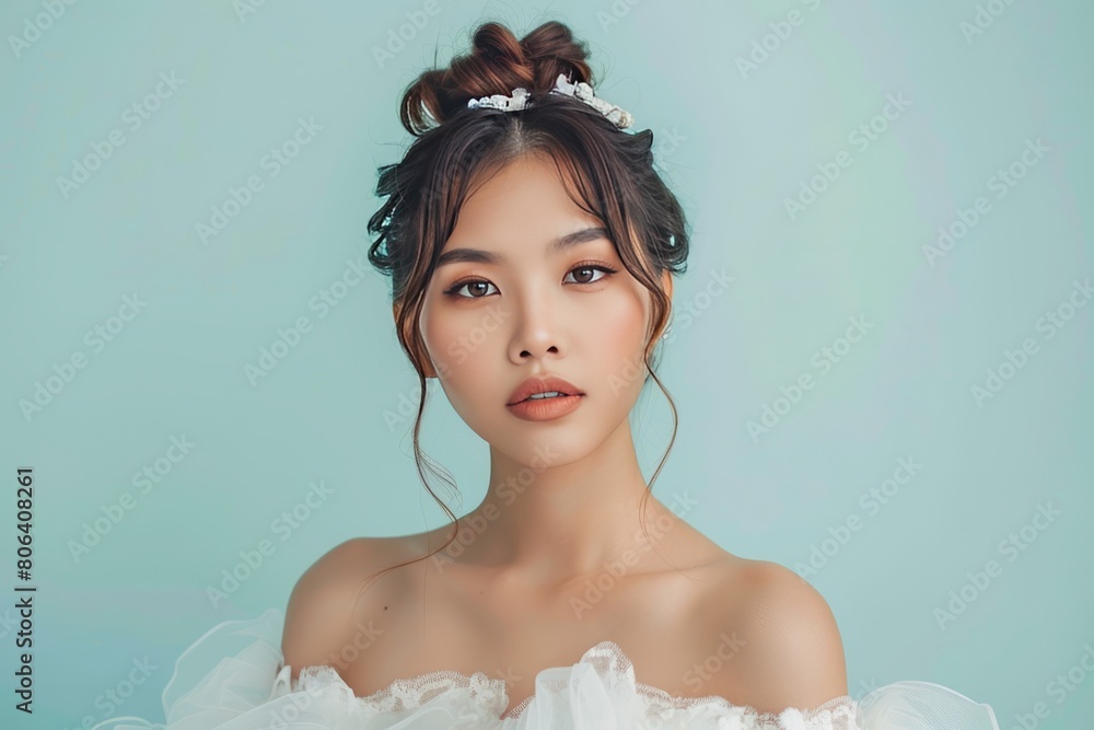 Portrait of an Asian Women wearing gown with elegant hairstyle and pastel background Portrait of an Asian Women wearing gown with elegant hairstyle and pastel background