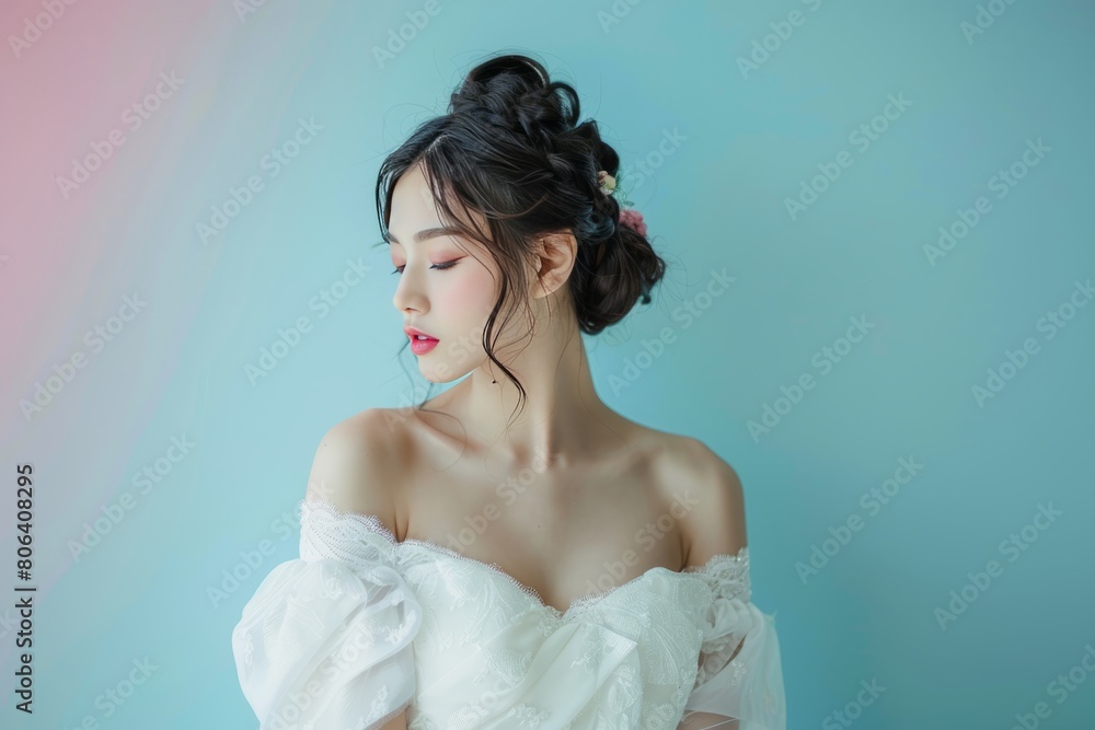 Portrait of an Asian Women wearing gown with elegant hairstyle and pastel background Portrait of an Asian Women wearing gown with elegant hairstyle and pastel background