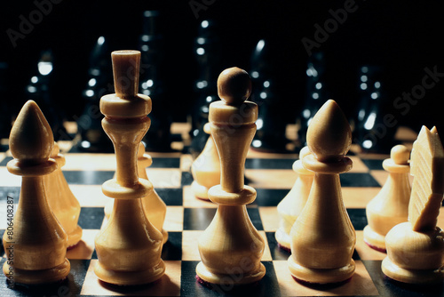 Wooden chess pieces on the board photo
