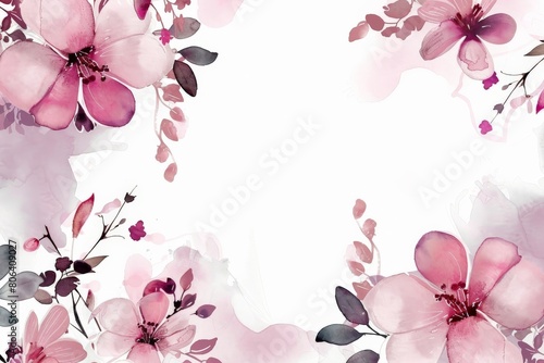 Pink Flowers Watercolor Painting on White Background