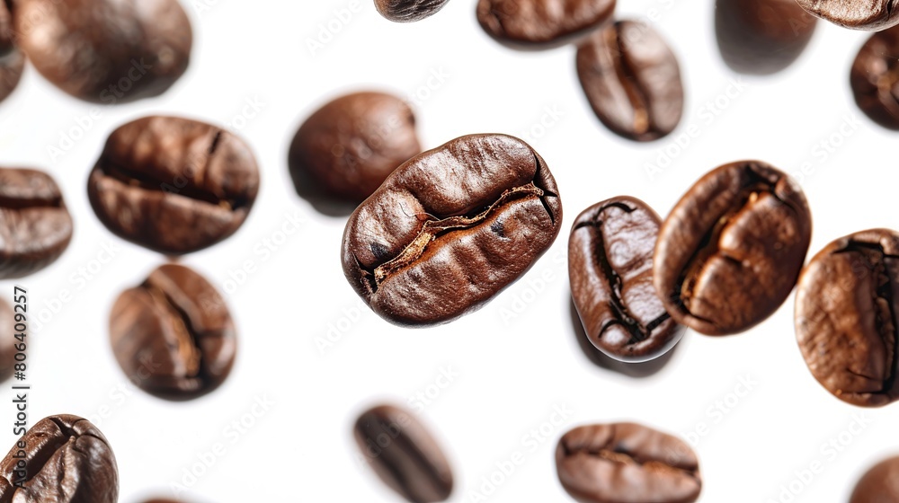 Coffee beans in flight on white background. Generative Ai Coffee beans in flight on white background. Generative Ai