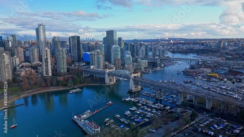 aerial view of downtown Vancouver during sunset with skyscrapers, streets and mountains at distance