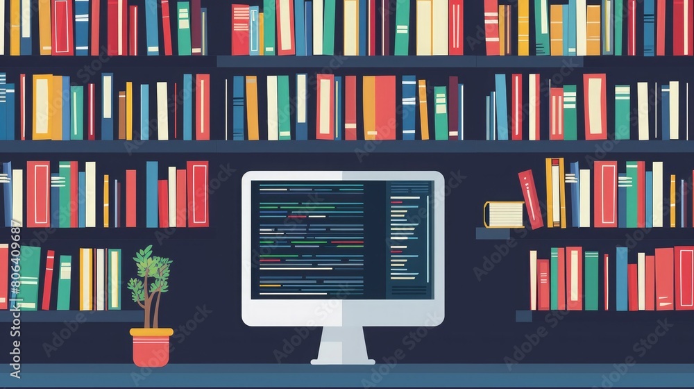 A library with a computer on a desk. The computer has a coding program open. The shelves are full of books. A library with a computer on a desk. The computer has a coding program open. The shelves are full of books.