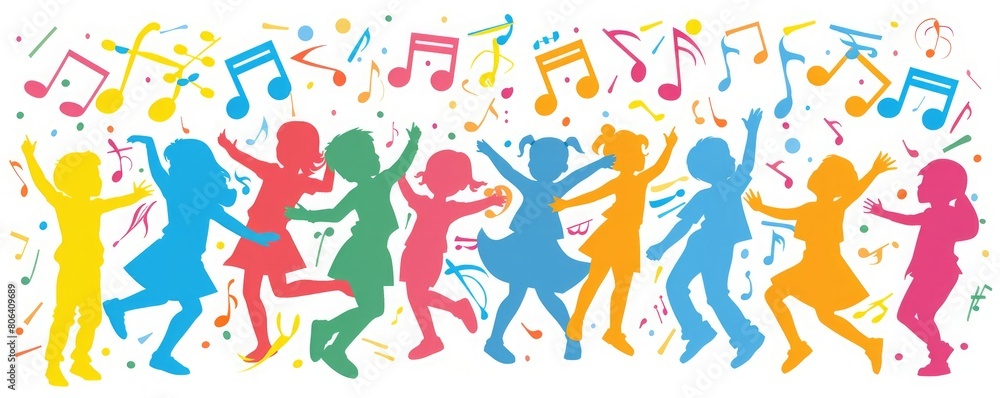 A group of children dancing happily with colorful music notes.