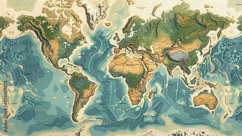 Fototapeta Naklejka Na Ścianę i Meble -  A world map with a beautiful watercolor texture. The colors are soft and muted, and the overall effect is one of peace and tranquility.