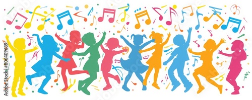 A group of children dancing happily with colorful music notes.