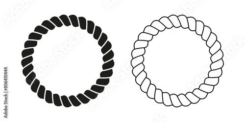 Round black and white round rope frames. Circles of cord, thread or cable, twine or jute isolated on white background. Design elements on maritime, yacht nautical theme. Vector outline illustration.