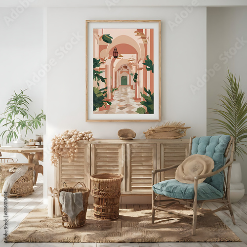 Morocco wall Art poster ,living interior with wooden furniture © Zei