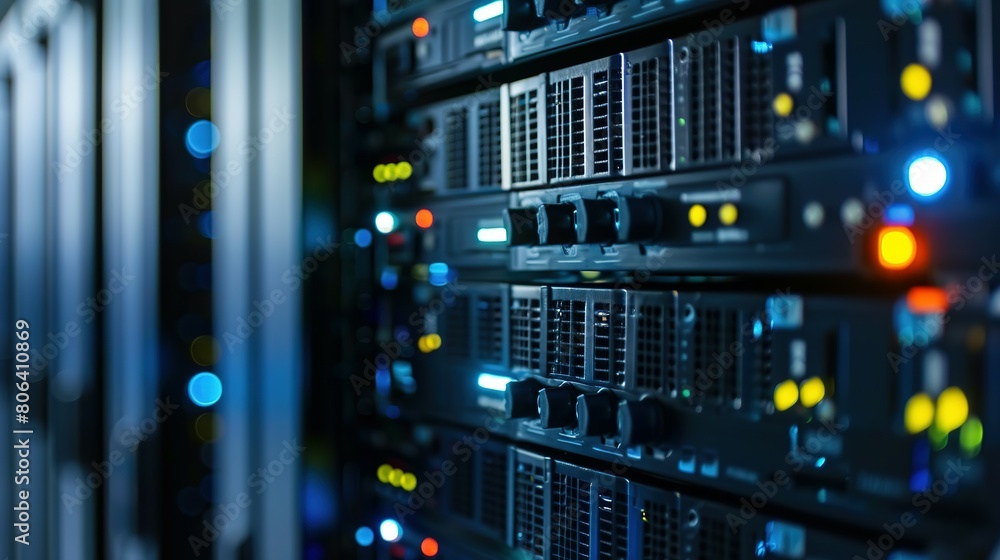 Naklejka premium Rack Server on server room Data center, server room security, data center server, web host warehouse data server cabinets network storage database.